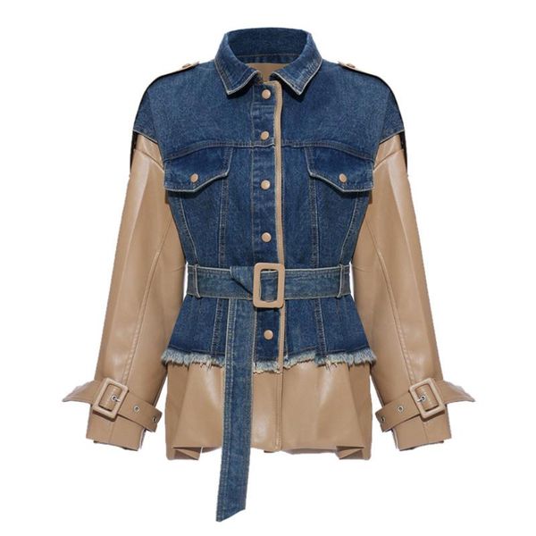 

women's leather & faux european washed denim stitching jacket windbreaker pu women loose spring and autumn coat ns2334, Black