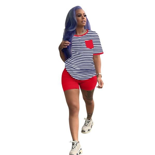 

women's tracksuits fashion suit summer casual round neck pullover striped stitching pocket shorts sports two-piece donsignet, Gray