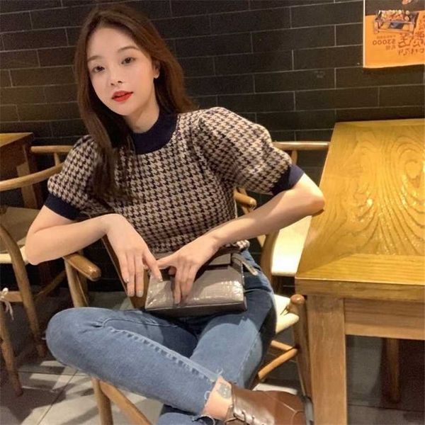 

korean knitted short sleeve o neck women pullovers harajuku hit color patchwork plaid sweaters vintage sweet sueter mujer 211103, White;black