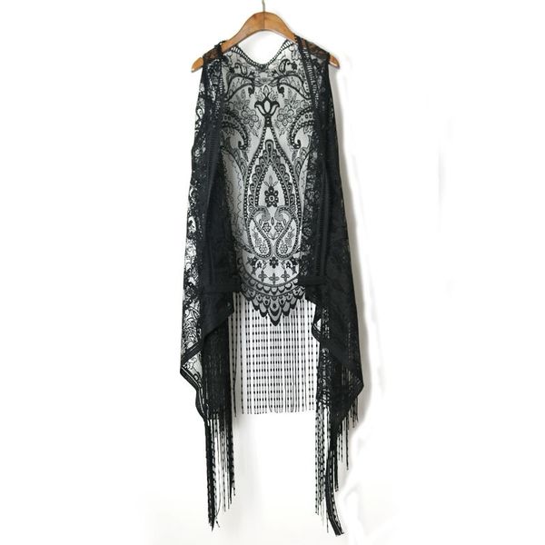 

harajuku holiday blouses lace crochet boho sleeveless tassles hollow out blouse beach kimono cardigan, White