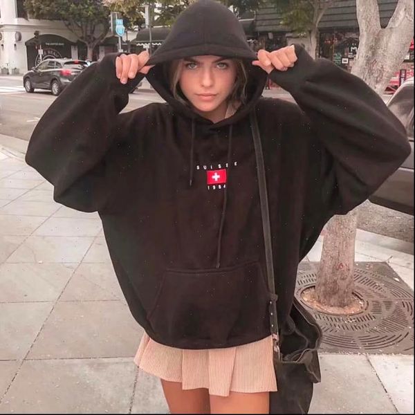 

women embroidery flag cotton hoodie oversized ultimate hooded sweatshirt, Black