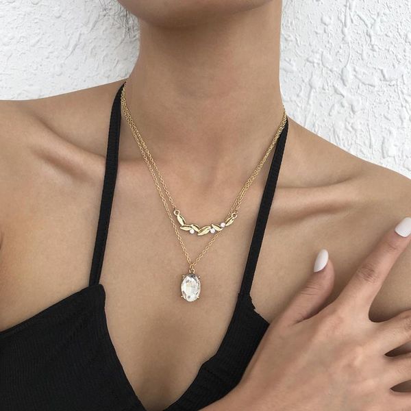 

chains wg simple geometric wheat ear necklace temperament double layer zircon crystal clavicle chain pendant jewelry, Silver