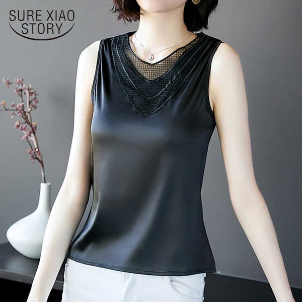 

chemisier femme summer sleeveless v-neck ice silk vest simple korean slim fit lace and blouse women 9915 210527, White