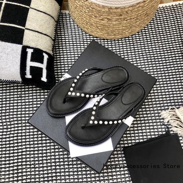 

2021summer fashion leather inlaid pearl flip flops round head ladies flat-bottomed slippers elegant luxury all-match party shoe, Black