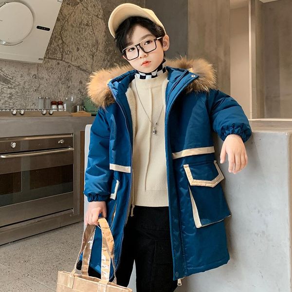 

down coat winter blue and white jacket mid-length youth plus velvet padded hooded warm children's clothing boys parka, Blue;gray