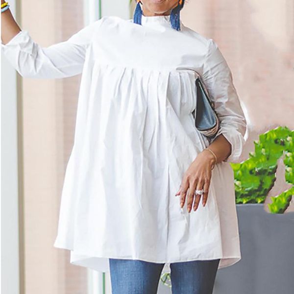 

stand collar blouse women streetwear fashion casual pleated loose simple elegant long sleeves plus size shirts women's blouses &, White