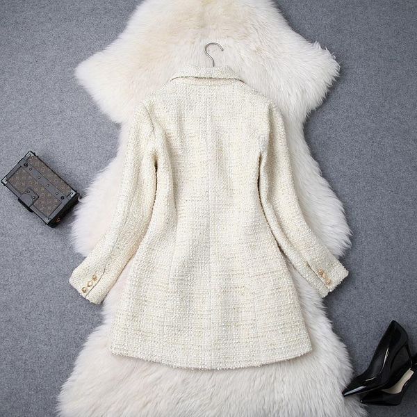 

runway designer women's double breasted metal button long sleeve notched collar jacket wool blends tweed blazer coat, White;black