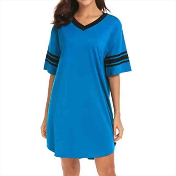 

women nightgowns styles short sleeve midi sleep dress summer plus size v-neck sleepshirts nightdress cotton sleepwear, Black;red