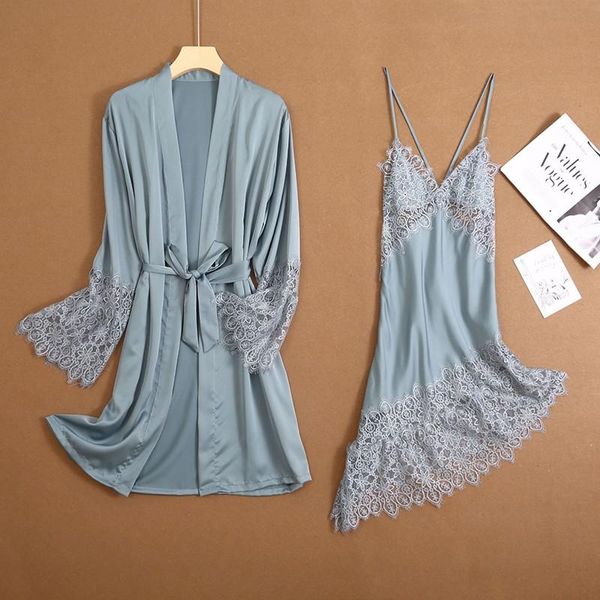 

lady sweet lace trim kimono robe gown suit v-neck hollow out nightgown casual rayon home dress spring summer sleepwear women's, Black;red