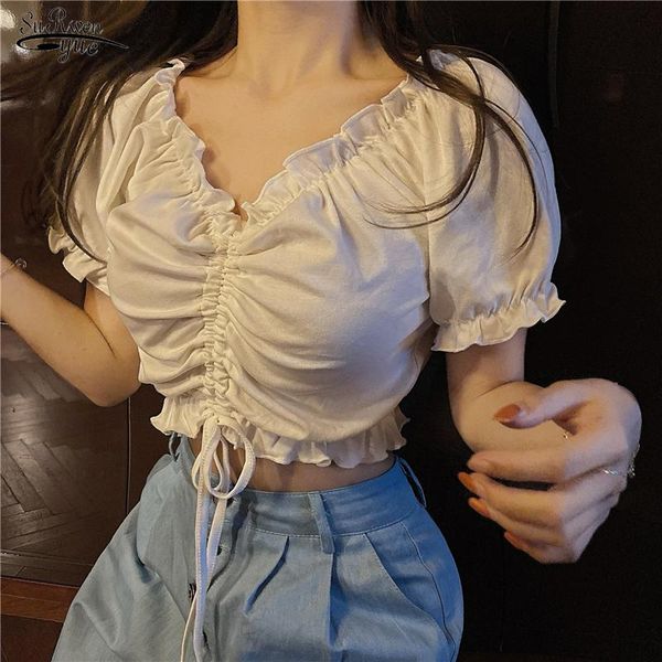 

women's blouses & shirts summer 2021 off shoulder crop ruffles white shirt women puff sleeve harajuku chiffon blouse fashion lace u