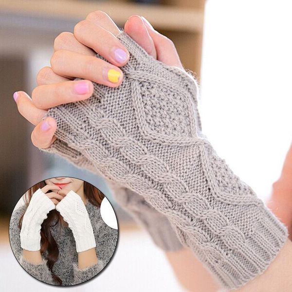 

five fingers gloves winter warm fingerless knitted for women wool mitten half finger diamond arm crochet knitting faux gift, Blue;gray