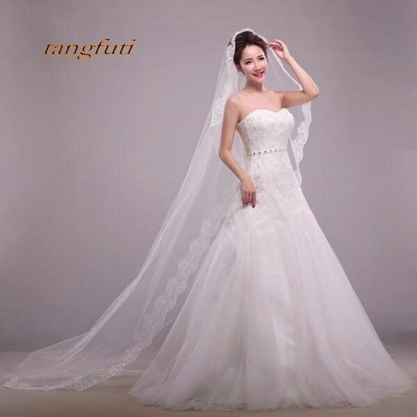 

bridal veils white red cathedral long wedding for bride lace edge tulle voile maria veu de noiva longo com renda, Black