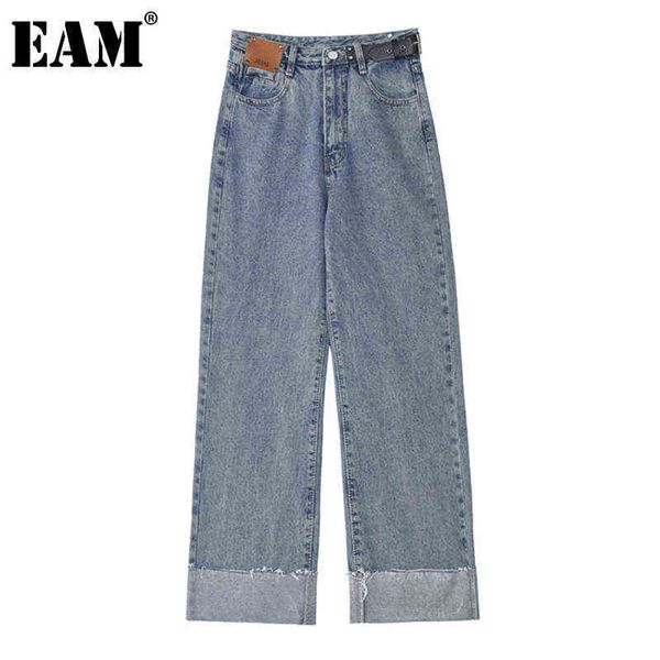 

[eam] blue fold split joint long wide leg jeans high waist loose women trousers fashion spring autumn 1da192 211129