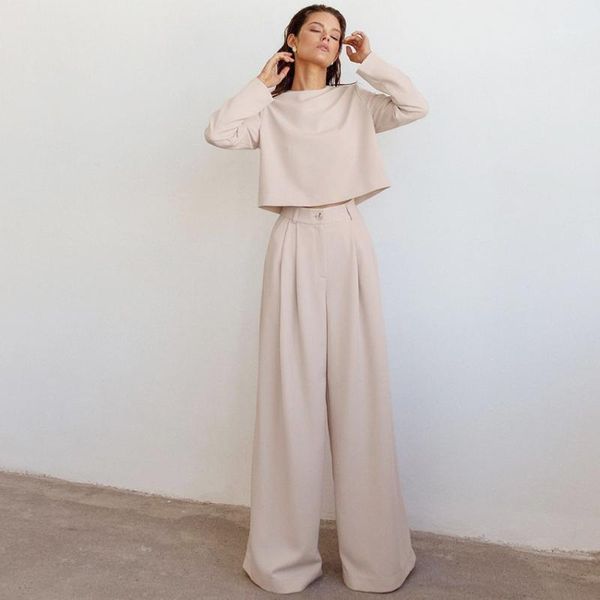 

women's two piece pants spring autumn set casual outfit suits women pant long sleeve o-neck t-shirt wide leg loose ladies sets, White