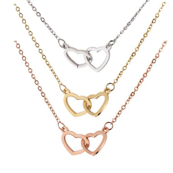 

mirror double love necklace ladies korean fashion heart-shaped interlocking ring pendant clavicle chain jewelry necklaces, Silver