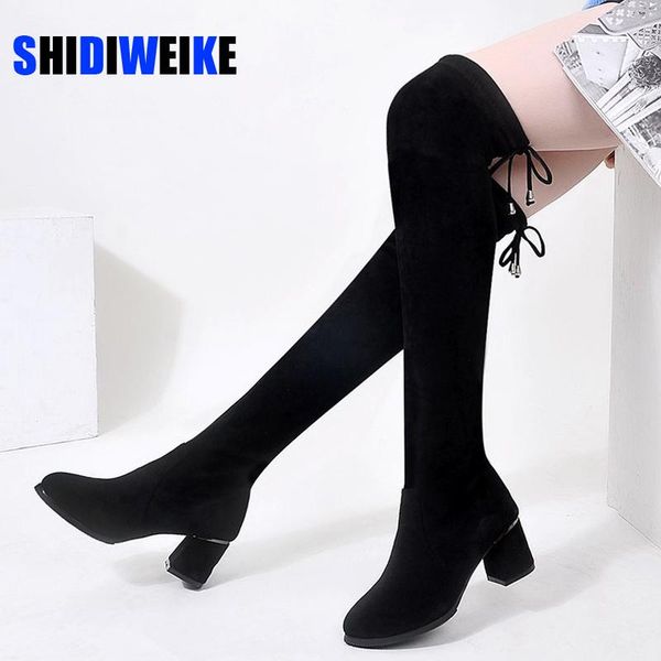 

boots slim fit elastic flock over the knee women shoes 2021 autumn winter ladies high heel overknee long thigh botas, Black