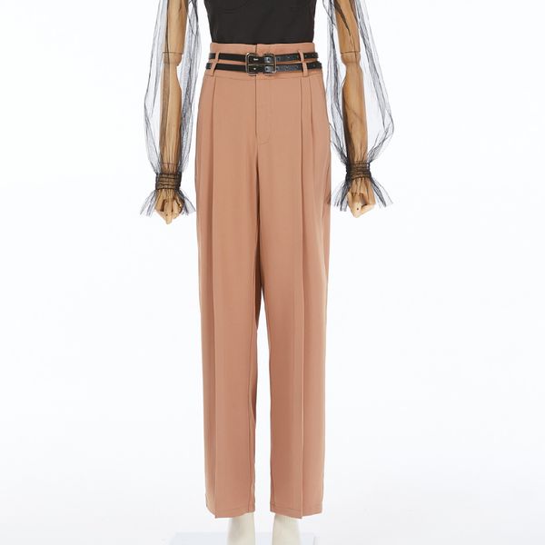 

high waist belt pants slim pocket hem pleats, Black;white