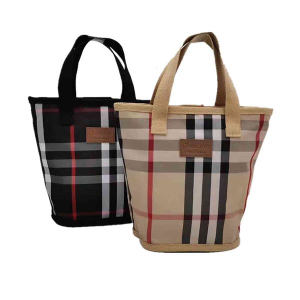 

handbag korean fashion plaid cloth cylinder ins large capacity portable lunch box shopping mommy bag bath, Black;red