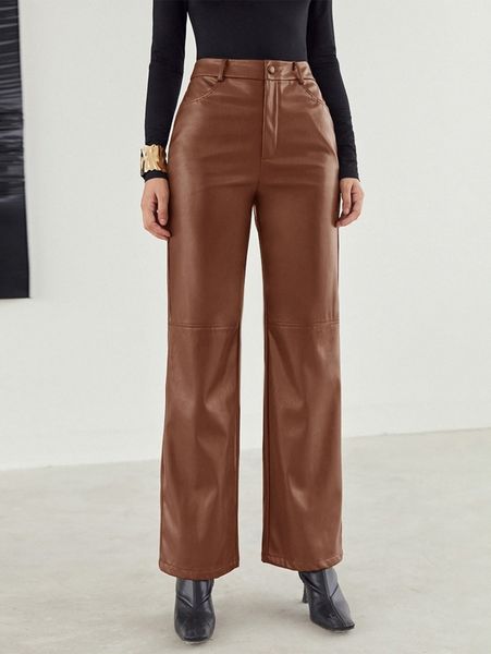 

zipper fly palazzo pu pants p20r#, Black;white