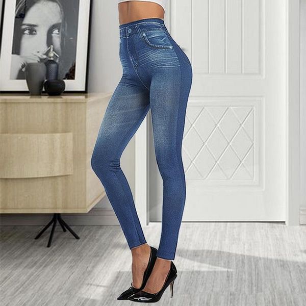 

women leggings faux denim jeans long pocket printing thick winter casual pencil pants yoga outfits, White;red
