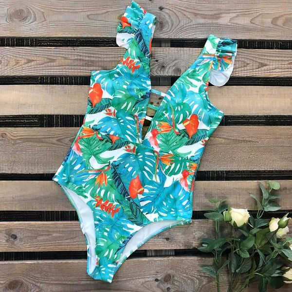 

summer beach tropical style one piece swimsuit for women floral printed ruffle swimwear bathing suit female monokini two-piece suits