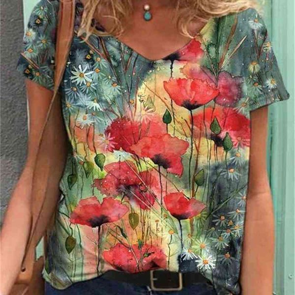 

women's t-shirt summer flower painting print v-neck short sleeve 7nxc, White