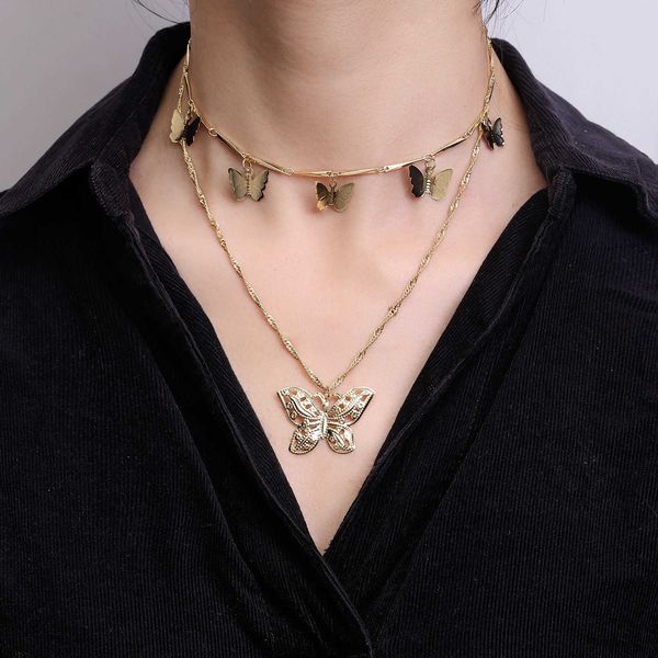 

jewelry temperament versatile butterfly double-layer necklace women's creative multi-layer choker neck chain clavicle chain, Silver
