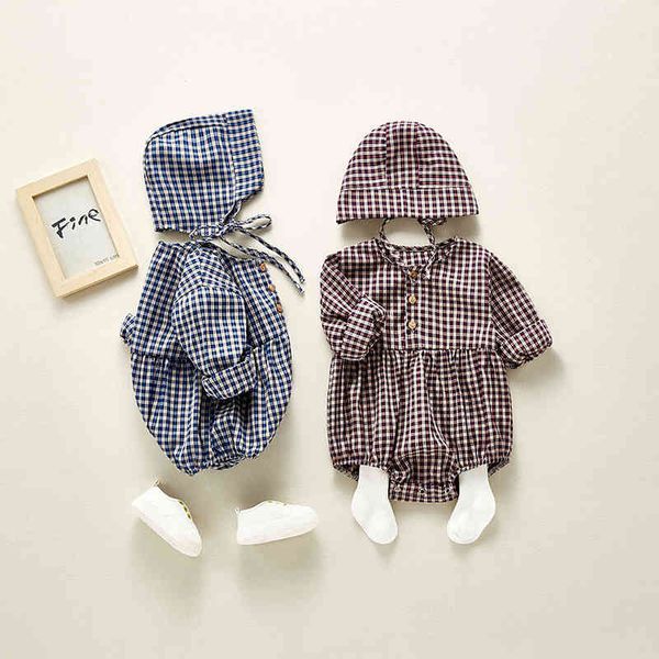 

born baby spring clothes brand girl plaid bodysuit jumpsuit cute outfits overalls fashion lovely with hat set 210429, Blue