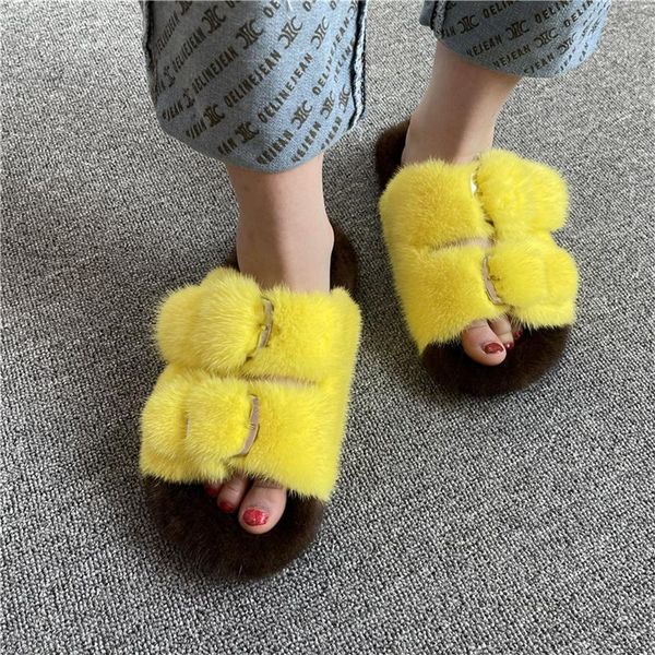 

slippers 2021 summer fashion ladies fur flat sandals real luxury mink made of, Black