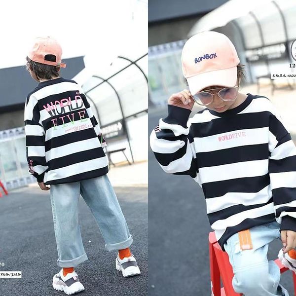 

lemongrass children's wear boys' girls' printed long sleeve sweater 2021 spring and autumn new striped fashion style (1208), Black;white