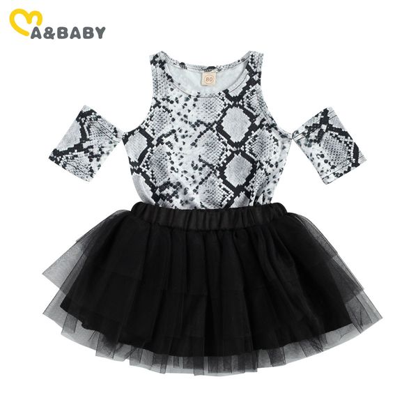 1-6Y Summer Fashion Serpentine Kid Toddler Girls Clothes Set T-shirt con spalle scoperte Tulle nero Gonne Abiti per bambini 210515