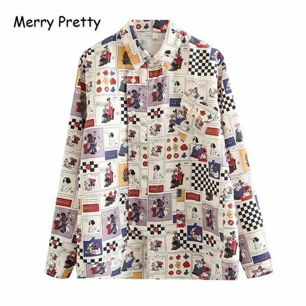 

merry pretty women cartoon print graffiti blouses and long sleeve turndown collar fashion harajuku casual basic tee shirts 210526, White