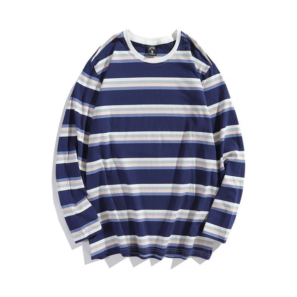 

t shirt striped long sleeve 2021 autumn student round neck bottomed men's loose large size blank advertising, White;black