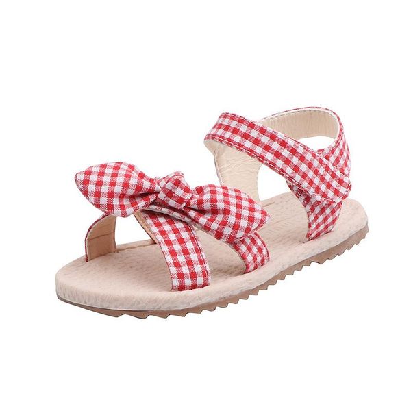 

summer children's grid sandals kids girls shoes fashion bow princess pastoral style soft bottom beach, Black;red