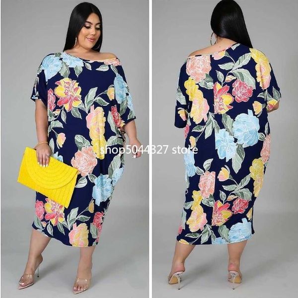 

plus size dress printing flower short sleeves round neck o oversized casual dresses, Black;gray
