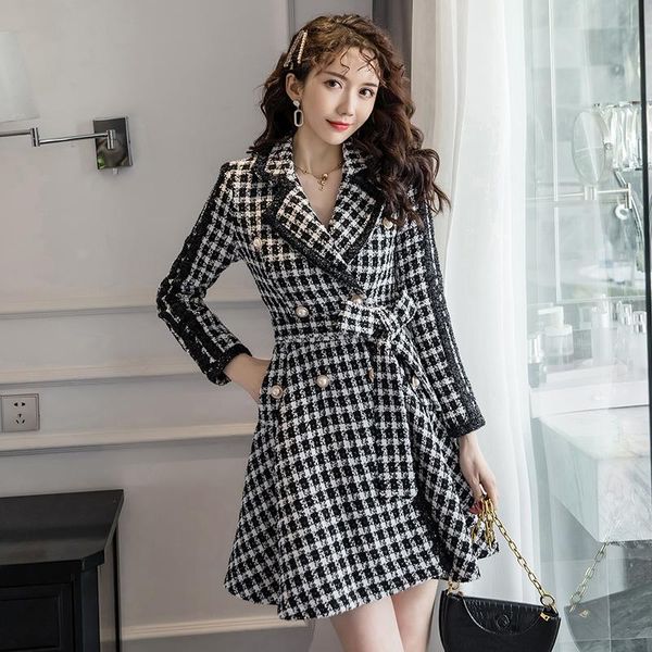 

women's wool & blends 2021 spring women plaid tweed coat woolen double-breasted thicked notched with belt fashion outwear coats, Black