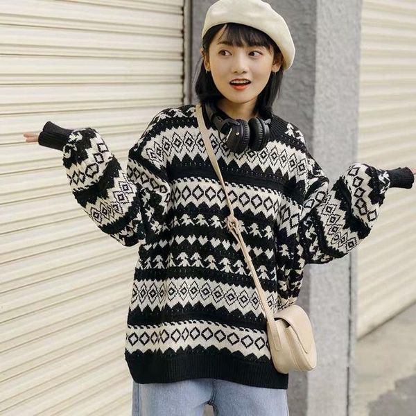 

women's sweaters vintage 2021 women winter pullovers striped knitted oversized jumper ladies casual loose long sleeve sueter de mujer, White;black