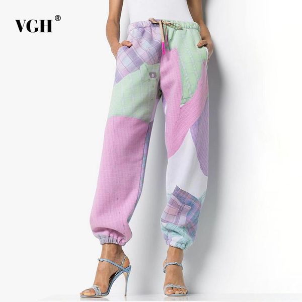 

women's pants & capris vgh harem for women mid waist lace up print hit color loose pockets casual pant female 2021 autumn clothing tide, Black;white
