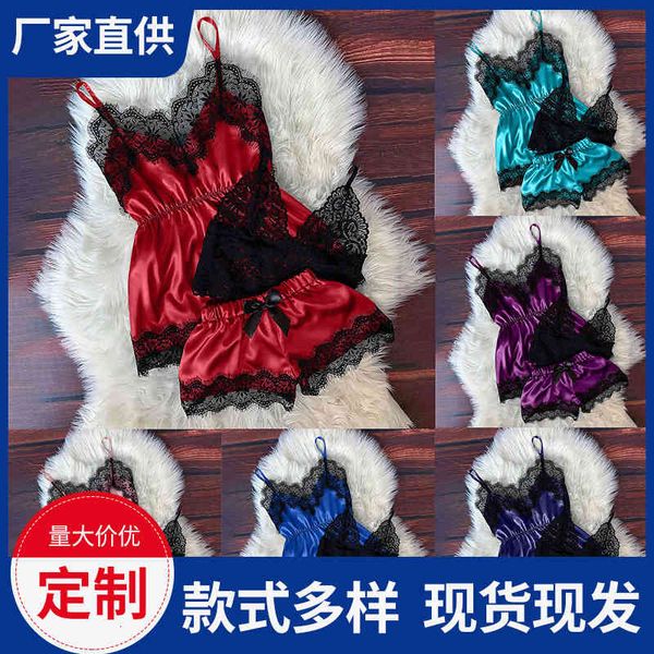 

underwear satin lady nightdress lace suspender shorts pajamas suit, Black;white
