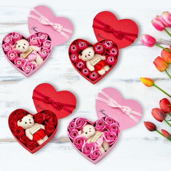 

flower gift box heart shaped soap boxes valentines day 10pcs red flowers bears rose gifts scented petal with bear wrap
