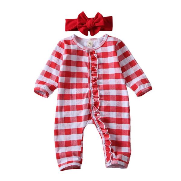 

infant baby girl boys clothes christmas romper headband 2pcs ruffle plaid print headbands jumpsuit pajama outfit jumpsuits, Blue