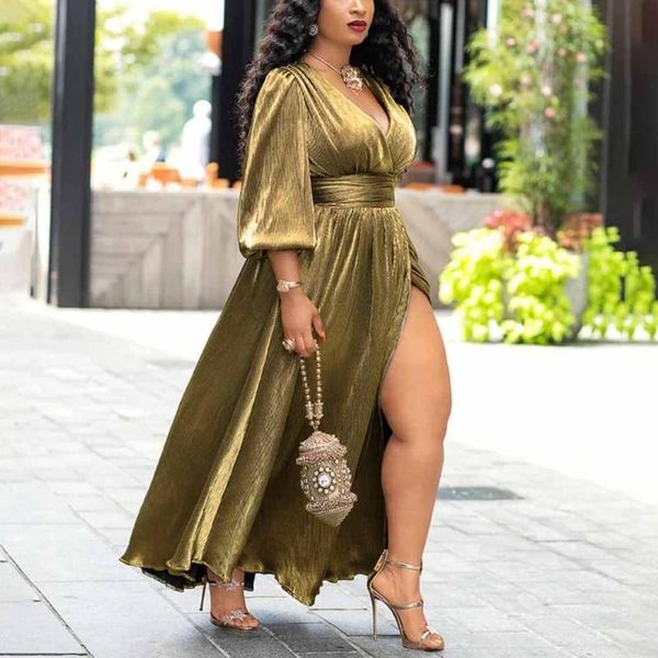 

casual dresses split dress women 2021 autumn golden deep v neck sashes maxi retro club dinner long robe plus size vestidos 2xl, Black;gray