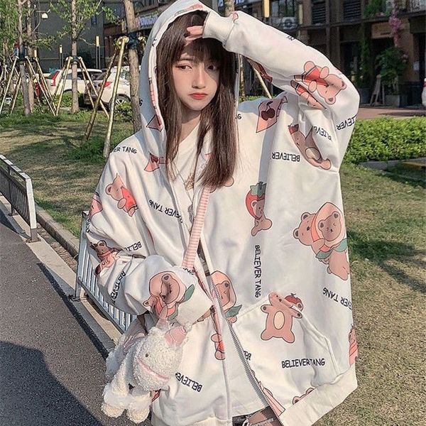 

cute bear print hoodies women harajuku sweatshirts japan kawaii hoodie pocket casual pullovers autumn oversized hoodies new, Black