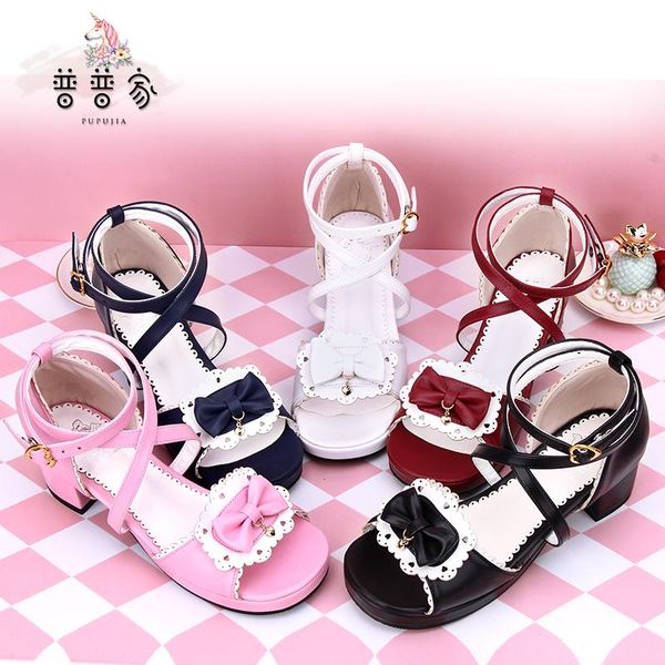 

princess sweet lolita shoes summer sandals custom with love pendant and open toes thick heels fashion women pu983, Black