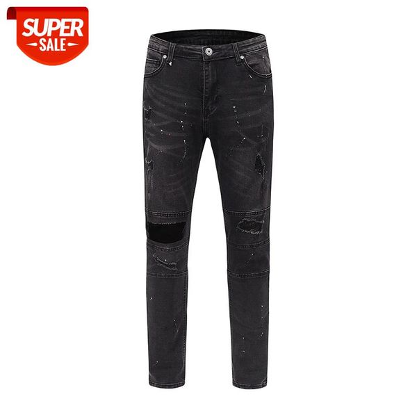 

kanye high street splash ink wash hole jean pants mens personality washed slim frayed denim trousers hip hop ripped jeans men #jn6w, Blue