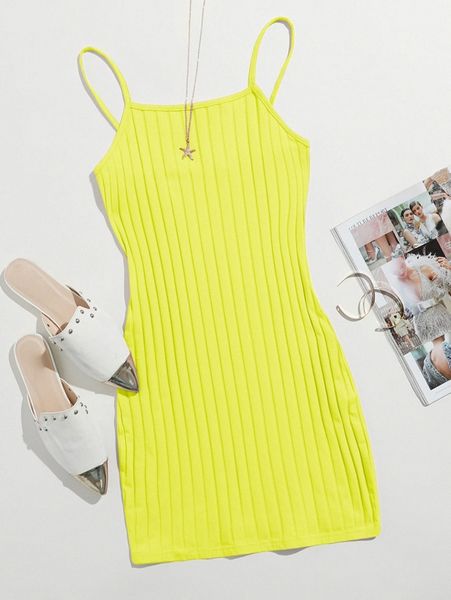

neon yellow ribbed cami bodycon mini dress j6cy#, Black;gray