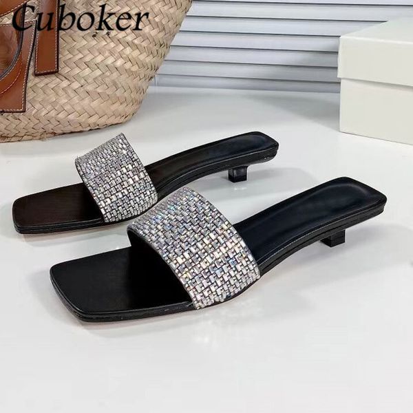 

mid heel slippers women square toe one belt rhinestone decor slides summer brand runway party dress vacation shoes 60% off store online, Black