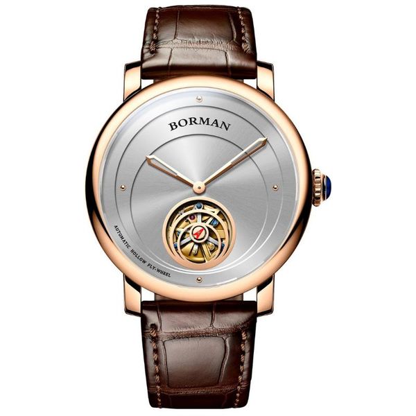 

wristwatches borman mens automatic watches luxury male watch fashion mechanical wristwatch skeleton dial waterproof sapphire leather strap, Slivery;brown