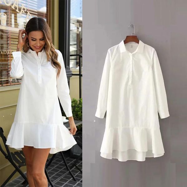 

white shirt dress women vintage lapel long sleeves mini fashion irregular hem ruffles beach vacation casual dresse dresses, Black;gray