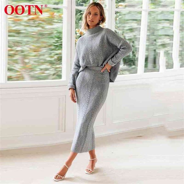 

ootn gray two piece set turtleneck pullovers and long skirt office ladies 2 piece set autumn winter warm women's sweaters suit 210407, White